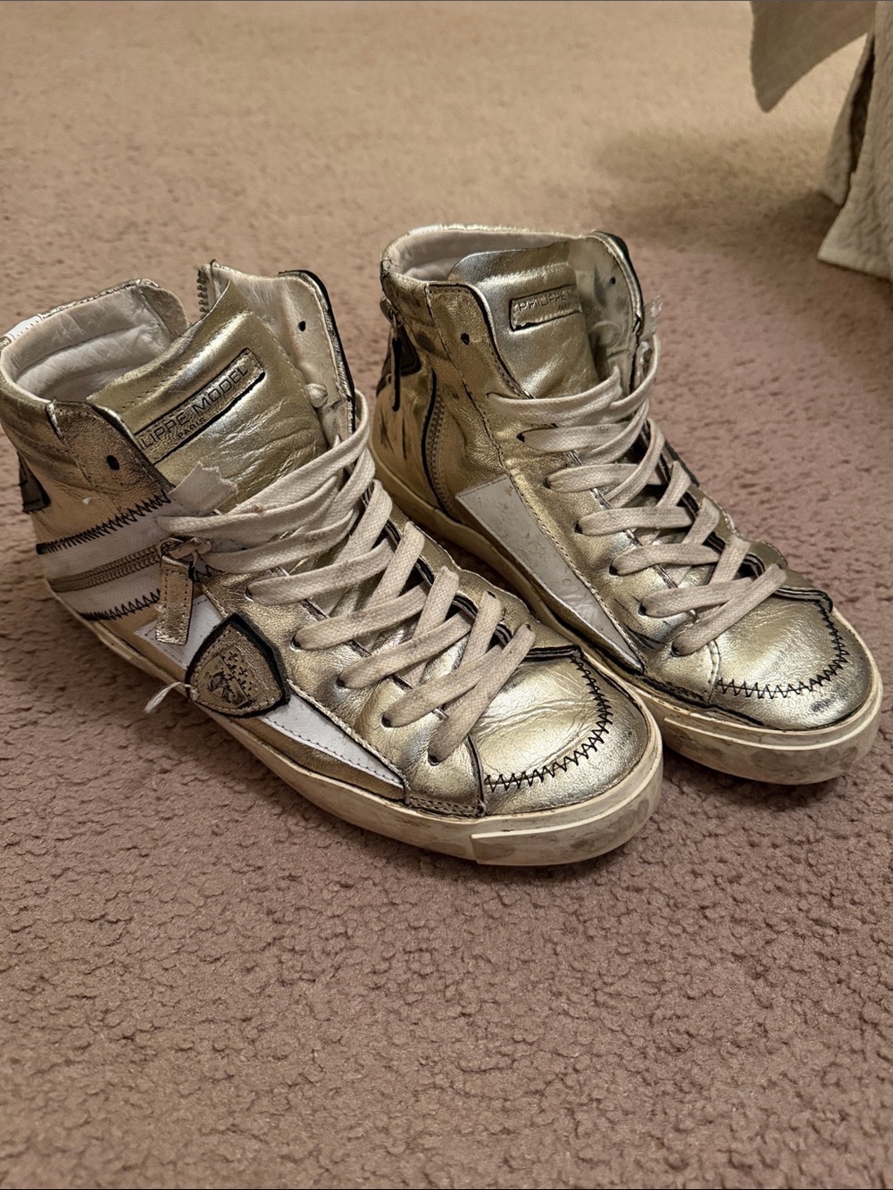 Philippe Model Metallic Gold High-Top Sneakers with White Accents